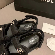 Load image into Gallery viewer, Chanel Crystal CC Satin Velcro Beach Sandals Calfskin Leather Spring/Summer Collection Black