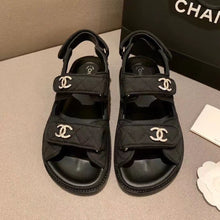 Load image into Gallery viewer, Chanel Crystal CC Satin Velcro Beach Sandals Calfskin Leather Spring/Summer Collection Black