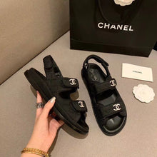 Load image into Gallery viewer, Chanel Crystal CC Satin Velcro Beach Sandals Calfskin Leather Spring/Summer Collection Black