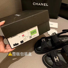 Load image into Gallery viewer, Chanel Crystal CC Satin Velcro Beach Sandals Calfskin Leather Spring/Summer Collection Black