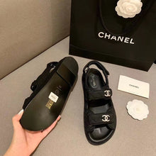 Load image into Gallery viewer, Chanel Crystal CC Satin Velcro Beach Sandals Calfskin Leather Spring/Summer Collection Black