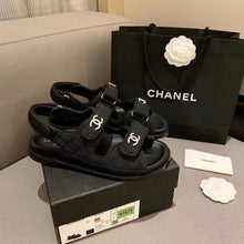 Load image into Gallery viewer, Chanel Crystal CC Satin Velcro Beach Sandals Calfskin Leather Spring/Summer Collection Black