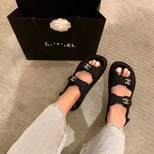 Load image into Gallery viewer, Chanel Crystal CC Satin Velcro Beach Sandals Calfskin Leather Spring/Summer Collection Black