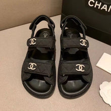 Load image into Gallery viewer, Chanel Crystal CC Satin Velcro Beach Sandals Calfskin Leather Spring/Summer Collection Black