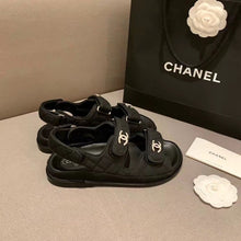 Load image into Gallery viewer, Chanel Crystal CC Satin Velcro Beach Sandals Calfskin Leather Spring/Summer Collection Black