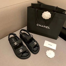 Load image into Gallery viewer, Chanel Crystal CC Satin Velcro Beach Sandals Calfskin Leather Spring/Summer Collection Black