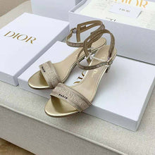 Load image into Gallery viewer, Dior Women Dway Heeled Sandal Gold-Tone Cotton Embroidered with Metallic Thread and Strass