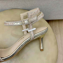Load image into Gallery viewer, Dior Women Dway Heeled Sandal Gold-Tone Cotton Embroidered with Metallic Thread and Strass