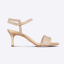 Load image into Gallery viewer, Dior Women Dway Heeled Sandal Gold-Tone Cotton Embroidered with Metallic Thread and Strass
