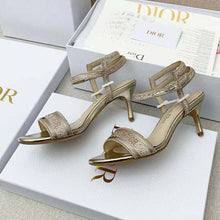 Load image into Gallery viewer, Dior Women Dway Heeled Sandal Gold-Tone Cotton Embroidered with Metallic Thread and Strass