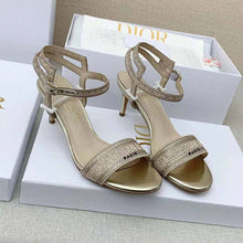 Load image into Gallery viewer, Dior Women Dway Heeled Sandal Gold-Tone Cotton Embroidered with Metallic Thread and Strass