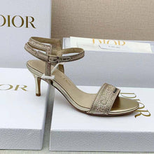 Load image into Gallery viewer, Dior Women Dway Heeled Sandal Gold-Tone Cotton Embroidered with Metallic Thread and Strass