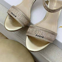 Load image into Gallery viewer, Dior Women Dway Heeled Sandal Gold-Tone Cotton Embroidered with Metallic Thread and Strass