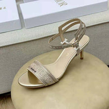 Load image into Gallery viewer, Dior Women Dway Heeled Sandal Gold-Tone Cotton Embroidered with Metallic Thread and Strass