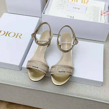 Load image into Gallery viewer, Dior Women Dway Heeled Sandal Gold-Tone Cotton Embroidered with Metallic Thread and Strass