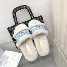 Load image into Gallery viewer, Dior Women Dway Slide Cornflower Blue Embroidered Cotton and White Shearling