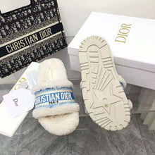 Load image into Gallery viewer, Dior Women Dway Slide Cornflower Blue Embroidered Cotton and White Shearling