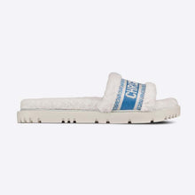 Load image into Gallery viewer, Dior Women Dway Slide Cornflower Blue Embroidered Cotton and White Shearling