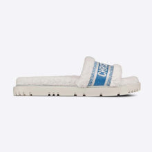 Load image into Gallery viewer, Dior Women Dway Slide Cornflower Blue Embroidered Cotton and White Shearling