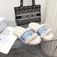 Load image into Gallery viewer, Dior Women Dway Slide Cornflower Blue Embroidered Cotton and White Shearling