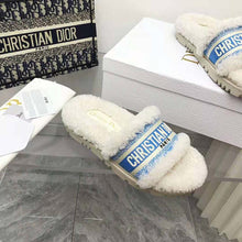 Load image into Gallery viewer, Dior Women Dway Slide Cornflower Blue Embroidered Cotton and White Shearling