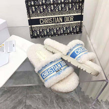 Load image into Gallery viewer, Dior Women Dway Slide Cornflower Blue Embroidered Cotton and White Shearling