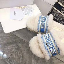 Load image into Gallery viewer, Dior Women Dway Slide Cornflower Blue Embroidered Cotton and White Shearling