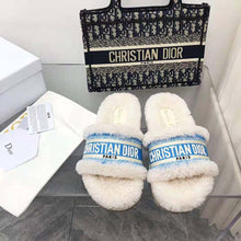 Load image into Gallery viewer, Dior Women Dway Slide Cornflower Blue Embroidered Cotton and White Shearling