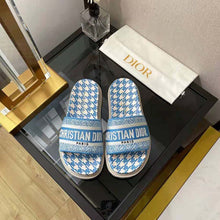 Load image into Gallery viewer, Dior Women Dway Slide Cornflower Blue Embroidered Cotton with Micro Houndstooth Motif