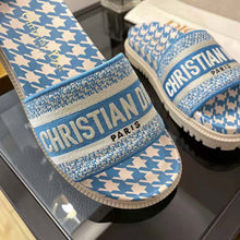Load image into Gallery viewer, Dior Women Dway Slide Cornflower Blue Embroidered Cotton with Micro Houndstooth Motif