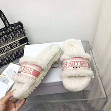 Load image into Gallery viewer, Dior Women Dway Slide Peony Pink Embroidered Cotton and White Shearling