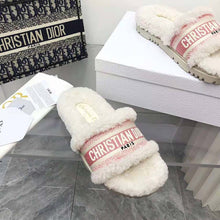 Load image into Gallery viewer, Dior Women Dway Slide Peony Pink Embroidered Cotton and White Shearling