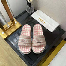 Load image into Gallery viewer, Dior Women Dway Slide Peony Pink Embroidered Cotton with Micro Houndstooth Motif