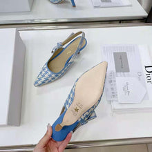 Load image into Gallery viewer, Dior Women J Adior Slingback Pump Cornflower Blue Cotton Embroidery with Micro Houndstooth Motif