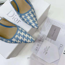 Load image into Gallery viewer, Dior Women J Adior Slingback Pump Cornflower Blue Cotton Embroidery with Micro Houndstooth Motif