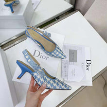 Load image into Gallery viewer, Dior Women J Adior Slingback Pump Cornflower Blue Cotton Embroidery with Micro Houndstooth Motif