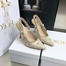 Load image into Gallery viewer, Dior Women J adior Slingback Pump White and Gold-Tone Toile de Jouy Embroidered Cotton