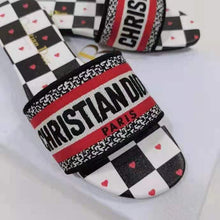 Load image into Gallery viewer, Dior Women Shoes Dway Dioramour Slide White Black Red D-Chess Heart Embroidered Cotton