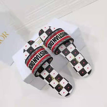 Load image into Gallery viewer, Dior Women Shoes Dway Dioramour Slide White Black Red D-Chess Heart Embroidered Cotton