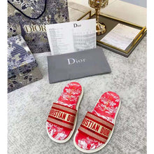 Load image into Gallery viewer, Dior Women Shoes Dway Slide Raspberry Toile De Jouy Reverse Embroidered Cotton