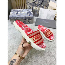 Load image into Gallery viewer, Dior Women Shoes Dway Slide Raspberry Toile De Jouy Reverse Embroidered Cotton