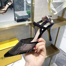 Load image into Gallery viewer, Fendi Women Colibri Black Mesh High-Heeled Slingbacks with Rhinestone Embroidery