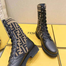 Load image into Gallery viewer, Fendi Women Rockoko Black/Brown Leather Biker Boots with Stretch Fabric