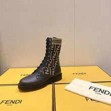 Load image into Gallery viewer, Fendi Women Rockoko Black/Brown Leather Biker Boots with Stretch Fabric