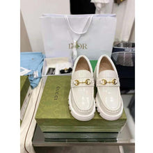 Load image into Gallery viewer, Gucci GG Women Lug Sole Horsebit Loafer White Shiny Leather 3 cm Heel