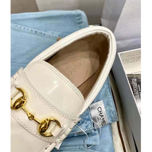 Load image into Gallery viewer, Gucci GG Women Lug Sole Horsebit Loafer White Shiny Leather 3 cm Heel