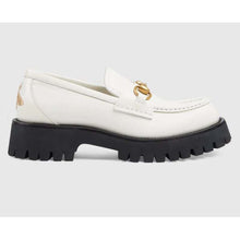 Load image into Gallery viewer, Gucci GG Women Lug Sole Horsebit Loafer White Shiny Leather 3 cm Heel
