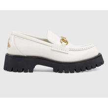Load image into Gallery viewer, Gucci GG Women Lug Sole Horsebit Loafer White Shiny Leather 3 cm Heel