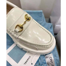Load image into Gallery viewer, Gucci GG Women Lug Sole Horsebit Loafer White Shiny Leather 3 cm Heel