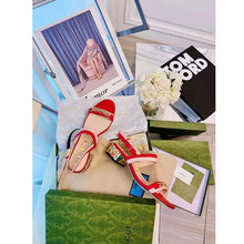 Load image into Gallery viewer, Gucci GG Women Sandal with Chain-Shaped Heel Hibscus Red Leather with Pastel Pink